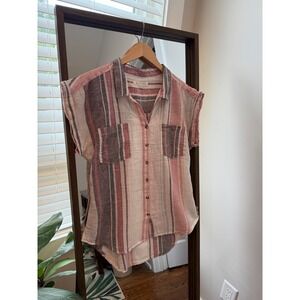 Harper Striped Button Down Shirt Short Sleeve Pink Small‎ Linen Blend